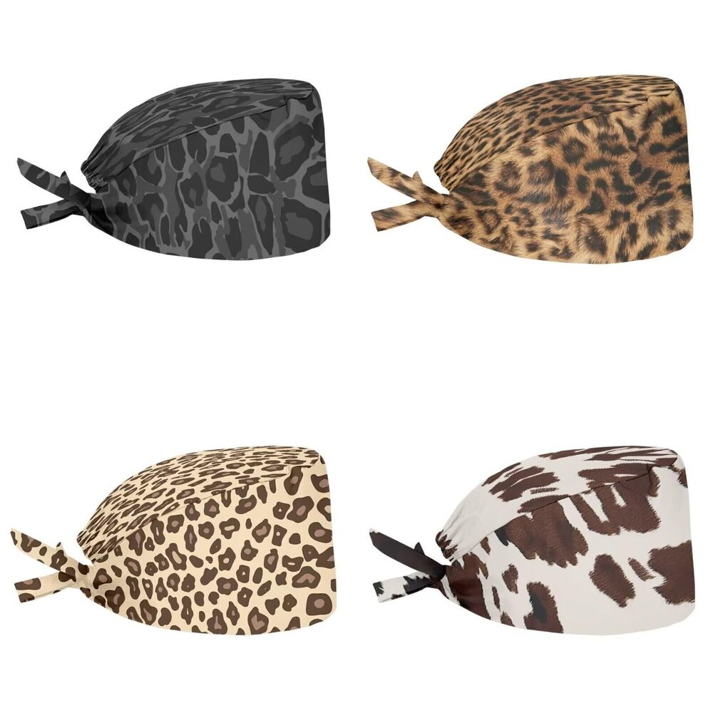 1972 Leopard Print Scrub Cap Set of 4 Breathable Soft Working Hats